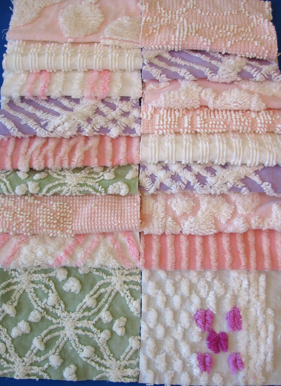 40 Vintage Chenille Bedspread precut 6 inch squares Summer Girl Mix  Make a baby quilt fabric