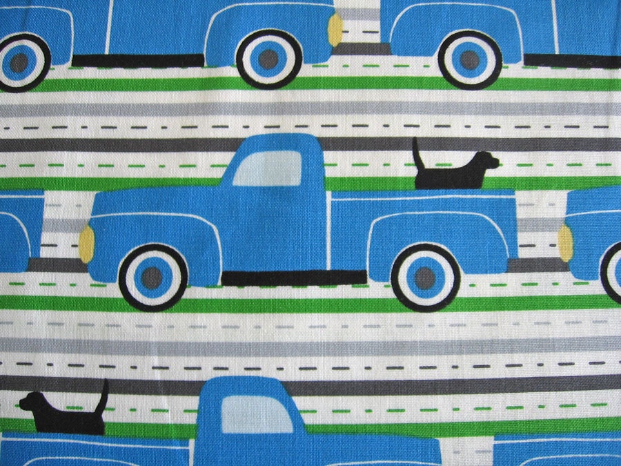 Blue Trucks and Dogs / Robert Kaufman Fabric / Laurie Wisbrun print / Retro / on SALE