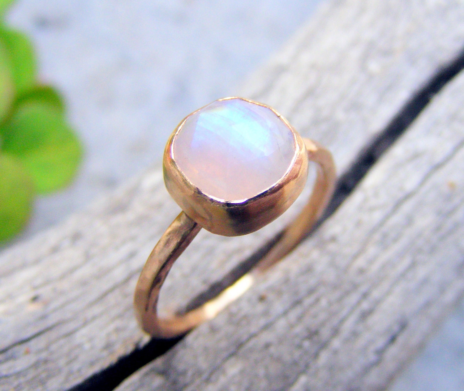 Gold Moonstone Ring, 14K Gold  8mm Faceted Cushion Cut Rainbow Moonstone Ring, Simple, Skinny, Organic