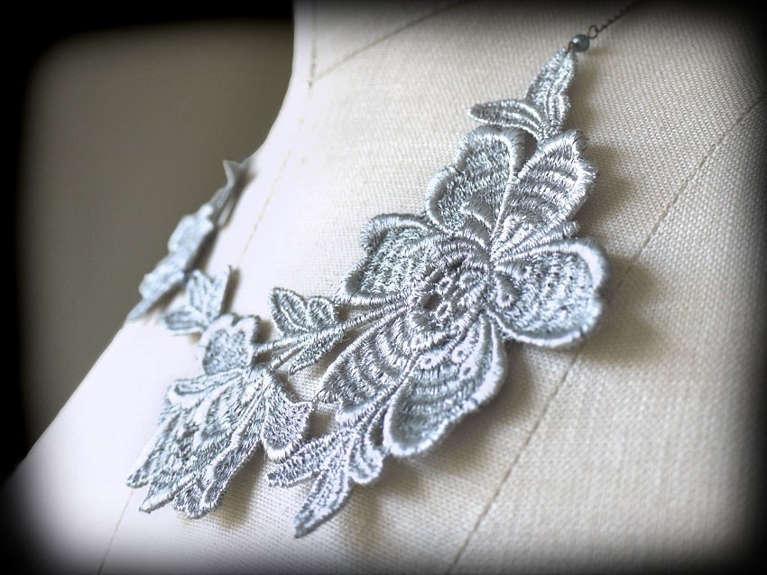 Silver Floral Lace and Black Pearls Necklace