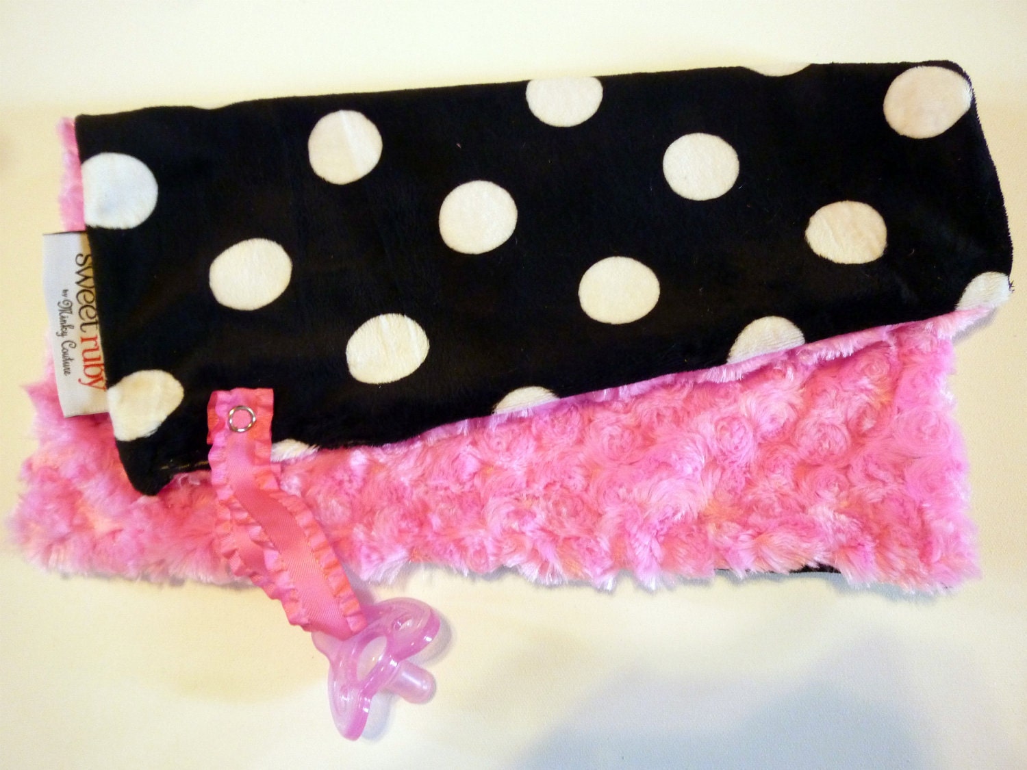 Hot Pink and Black Dot Minky Pacifier Blanket