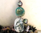 Talisman Amulet Pendant w/ Tree Agate, Raku, Pearls- "Save The Rainforest"