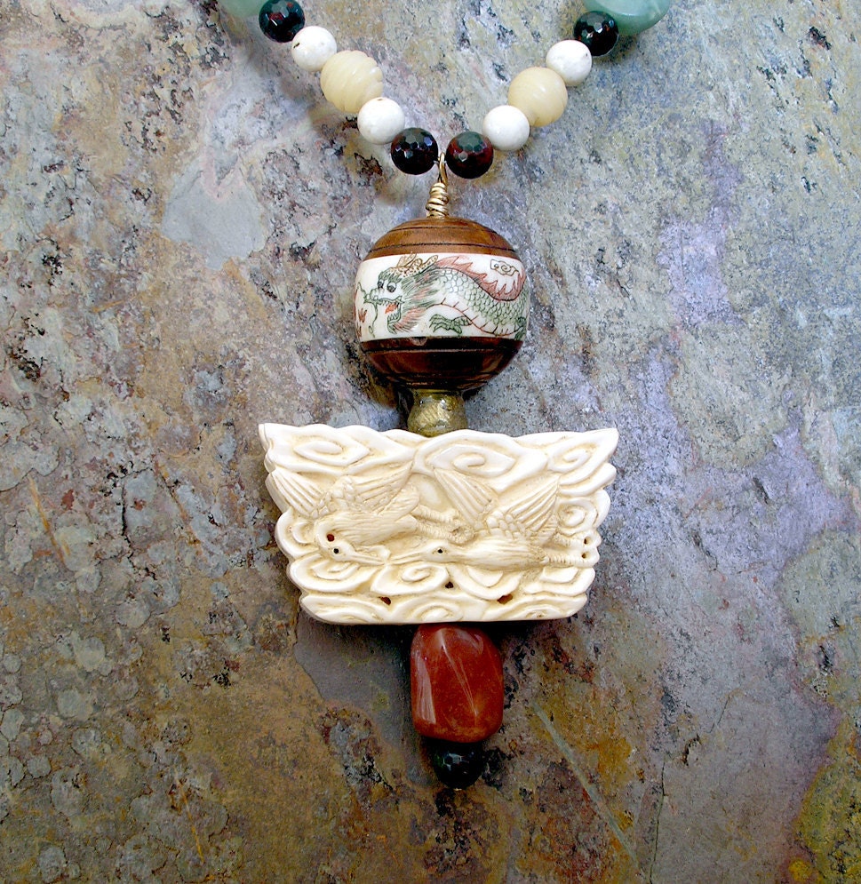 Carved Bone and Gemstone Necklace w/ Dragon and Cranes- Ethnic Statement Necklace