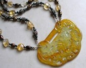 Carved Jade Pendant Necklace- Baby Lock- Sterling Silver, Freshwater Pearls, Citrine, Hematite