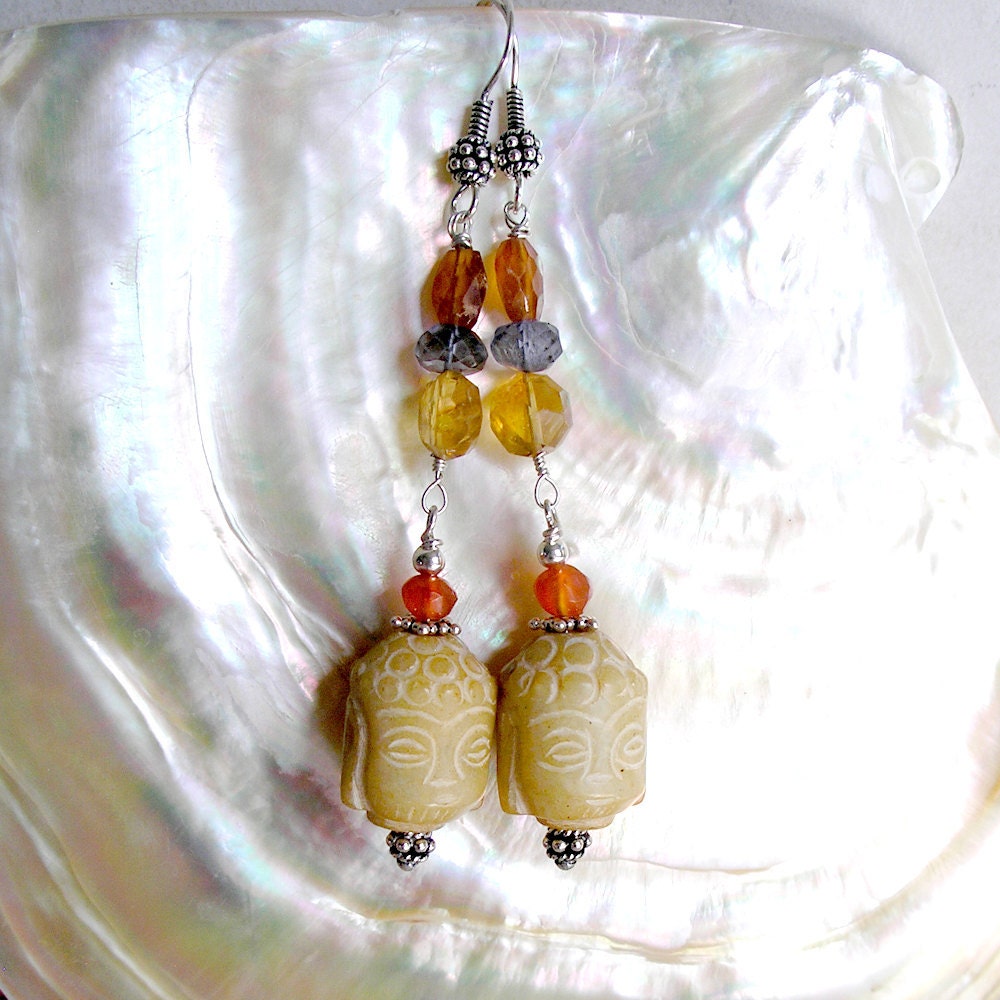 Yellow Serpentine Buddha Earrings w/ Sterling Silver, Carnelian, Hessonite Garnet, Citrine, Iolite
