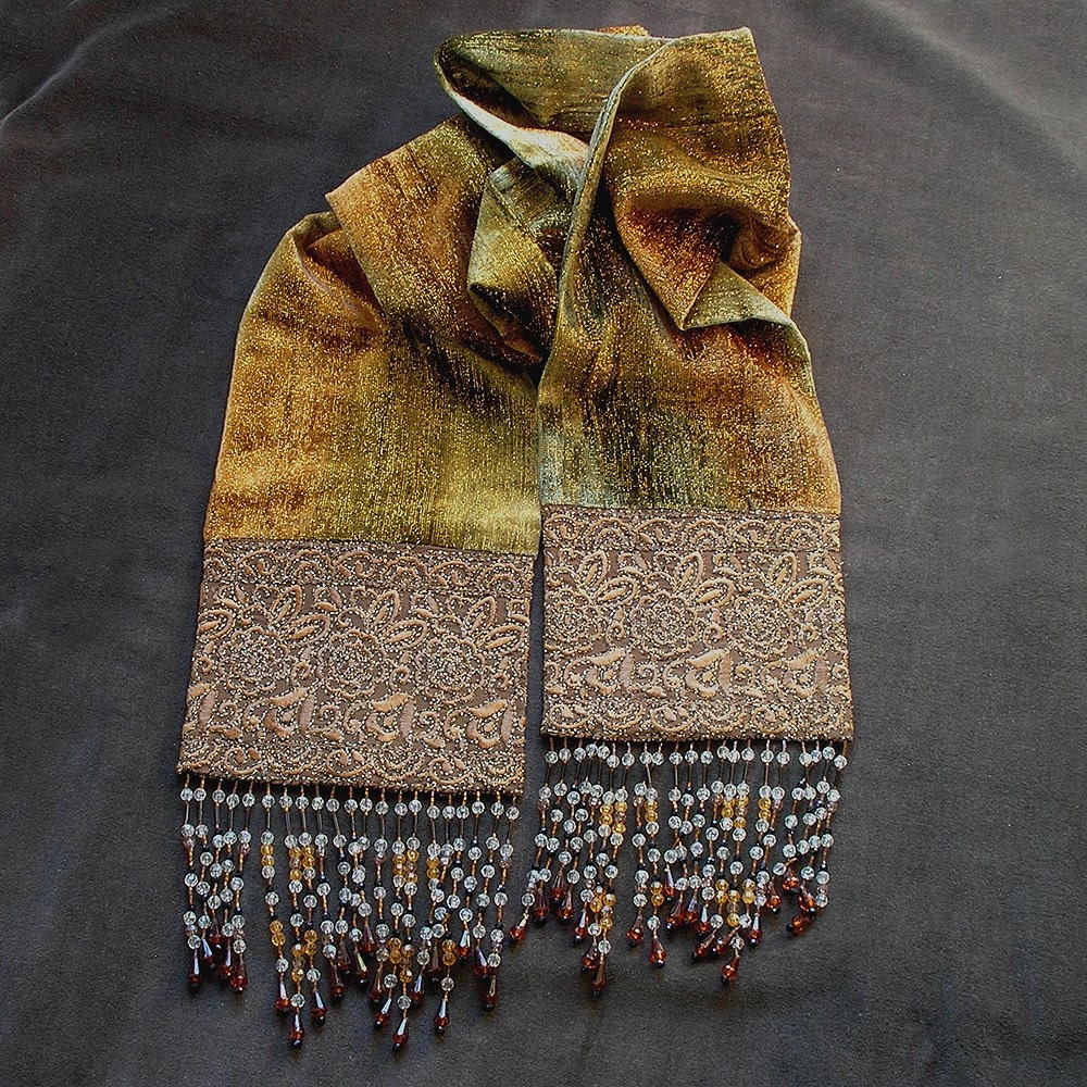 Velvet Beaded Scarf- Earth Tone Velvet, Beaded Fringe Scarf