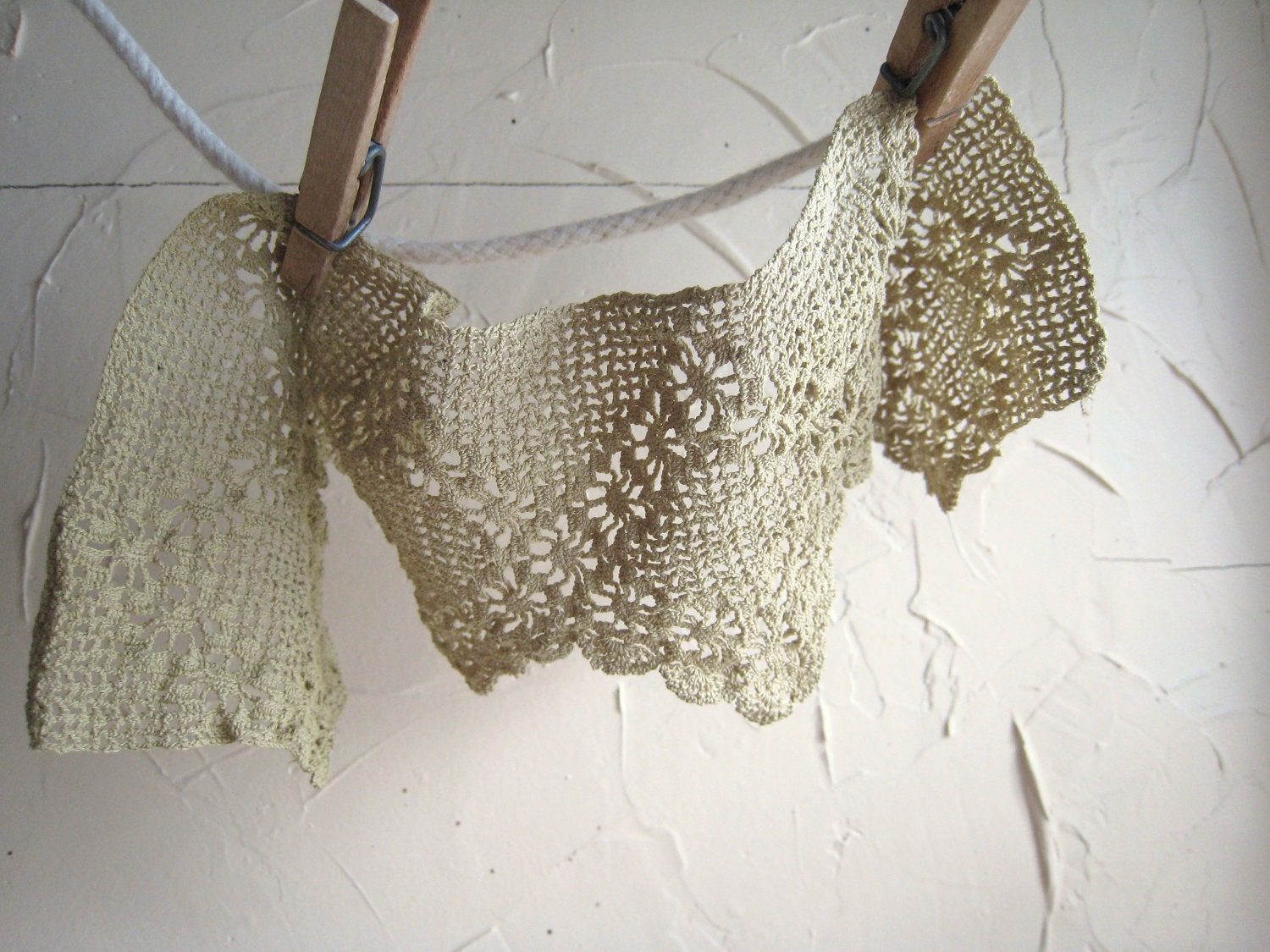Vintage Crocheted Lace Soft Green Trim Natural Hand Dyed Cotton Circa 1940