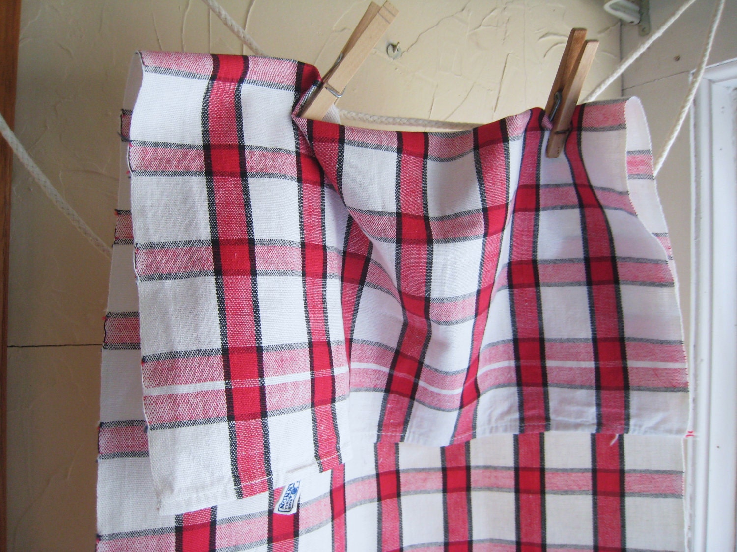 2 Red and Black on White Cotton Kitchen Tea Towel Circa 1970 Cannon