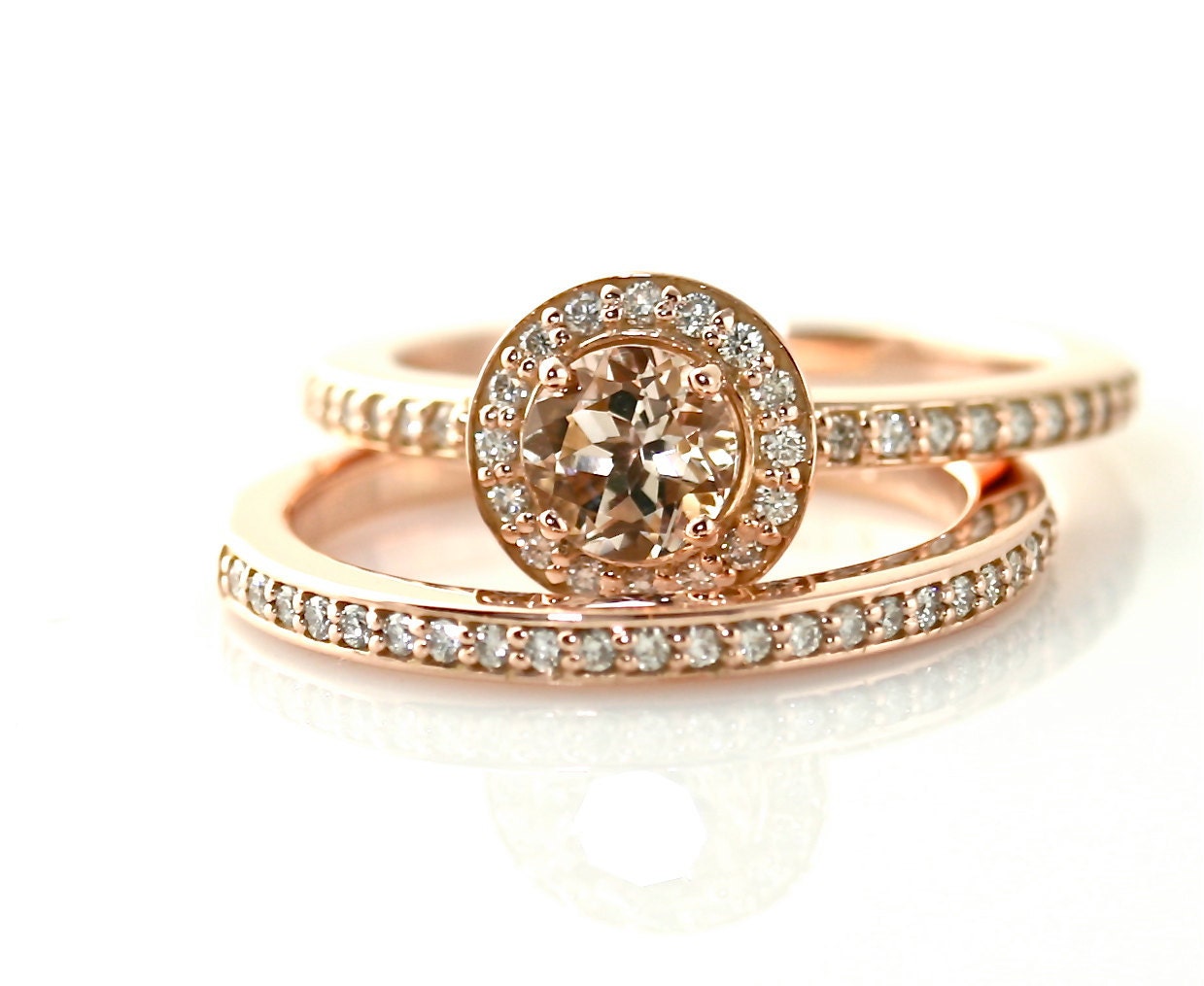 14K Morganite Engagement Ring & Wedding Band Diamond Halo Morganite Ring Rose Gold Palladium Platinum 18K Wedding Set