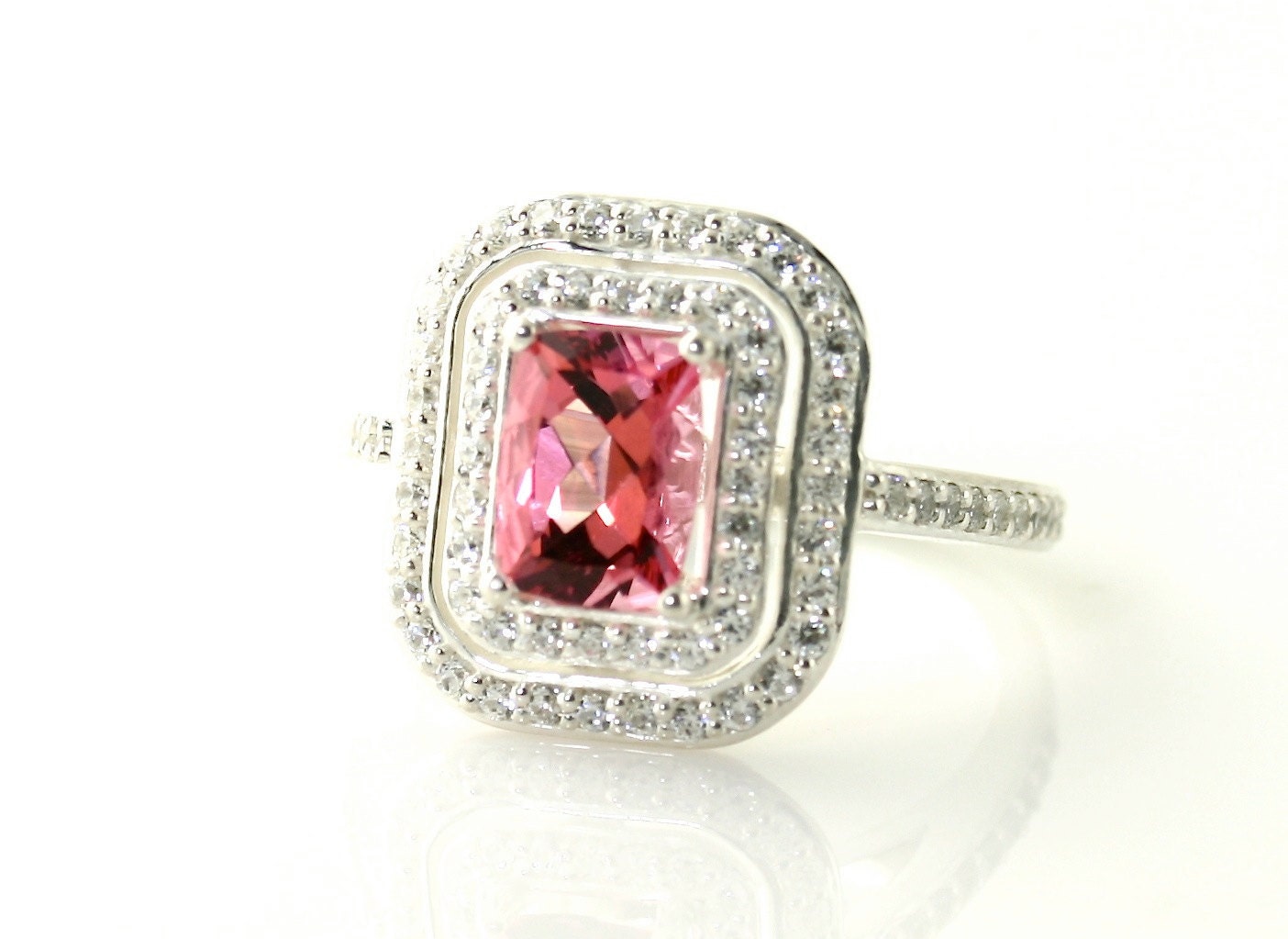 14K Pink Topaz Ring Double Diamond Halo Engagement Ring 14K 18K White Yellow Rose Gold Platinum Palladium Bridal Jewelry