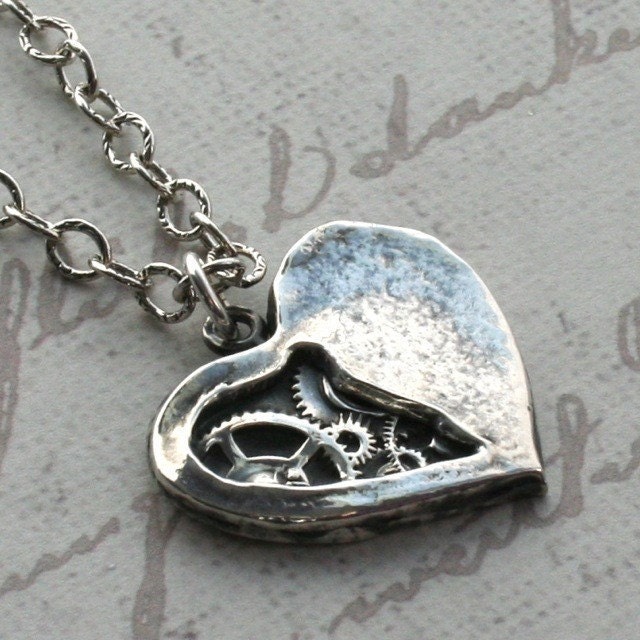 Tick Tock Clockwork Heart Necklace - Steampunk Necklace Watch Gears - Sterling Silver Pendant Handmade Jewelry .925 Silver