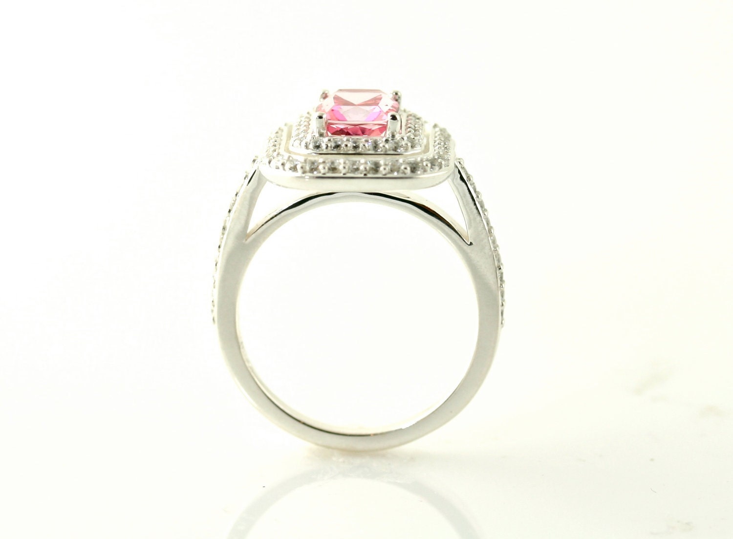 14K Pink Topaz Ring Double Diamond Halo Engagement Ring 14K 18K White Yellow Rose Gold Platinum Palladium Bridal Jewelry
