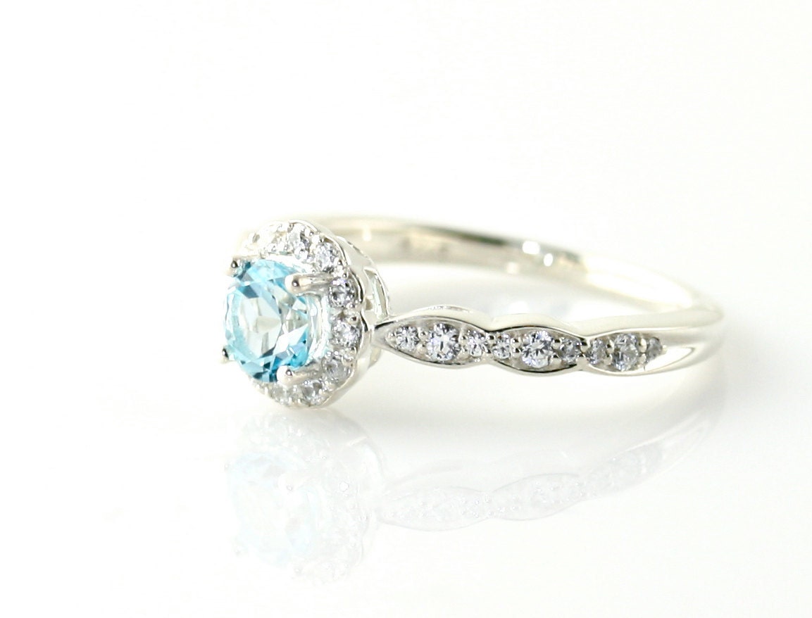 14K Aquamarine Engagement Ring Aquamarine Ring Diamond Halo 14K 18K Platinum Palladium Custom Bridal Jewelry