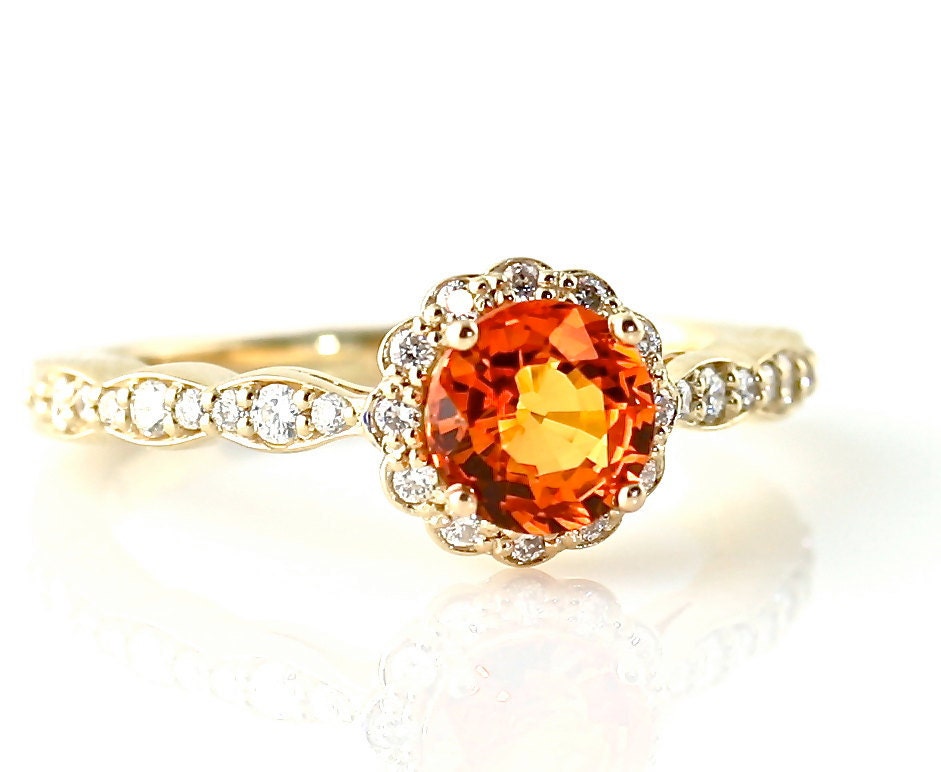 Reserved 14K Orange Sapphire Ring with Diamond Halo Custom Bridal Jewelry