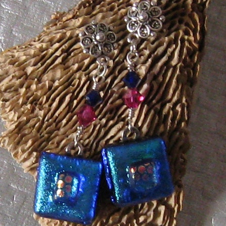 Dichroic Dangle Earrings, Blue Dichroic Earrings, Fused Glass Earrings, Fused Glass Jewelry
