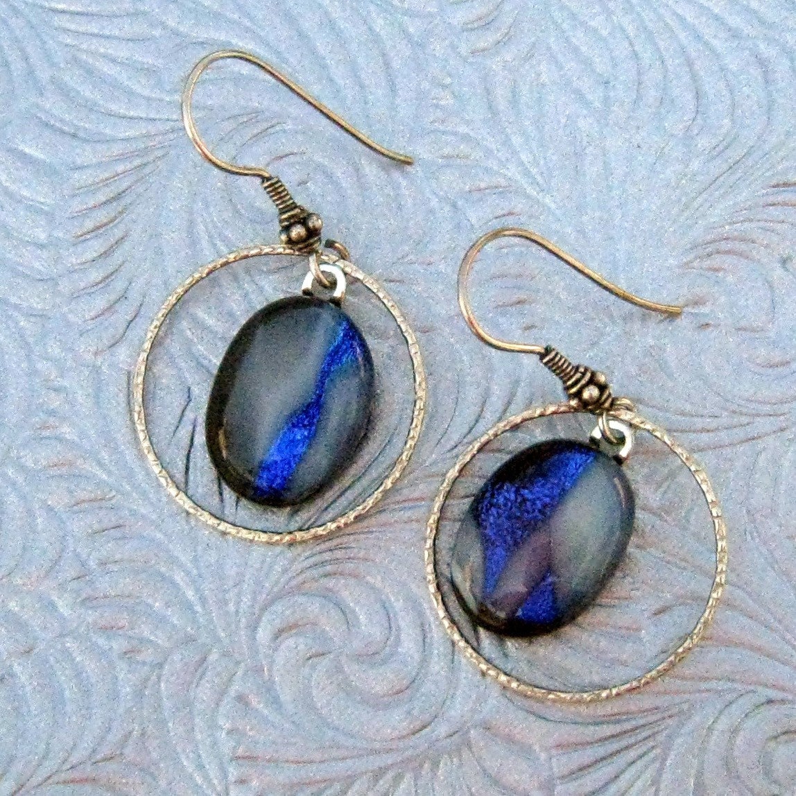 Dichroic Earrings Blue Fused Glass Hoop
