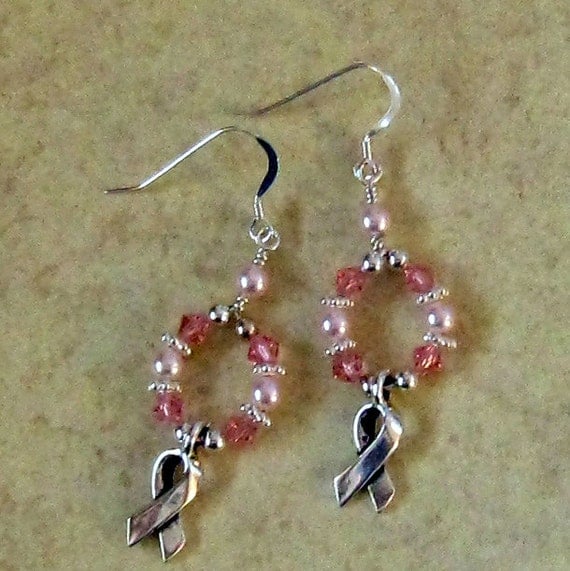 Breast Cancer Awareness Earrings, Swarovski Crystal and Pearl Earrings