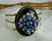 SALE.. Vintage Blue rhinestones MEDALLION revamped cuff