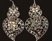 Viana Portuguese FOLK siver filigree HEART earrings with crystals...big dangle