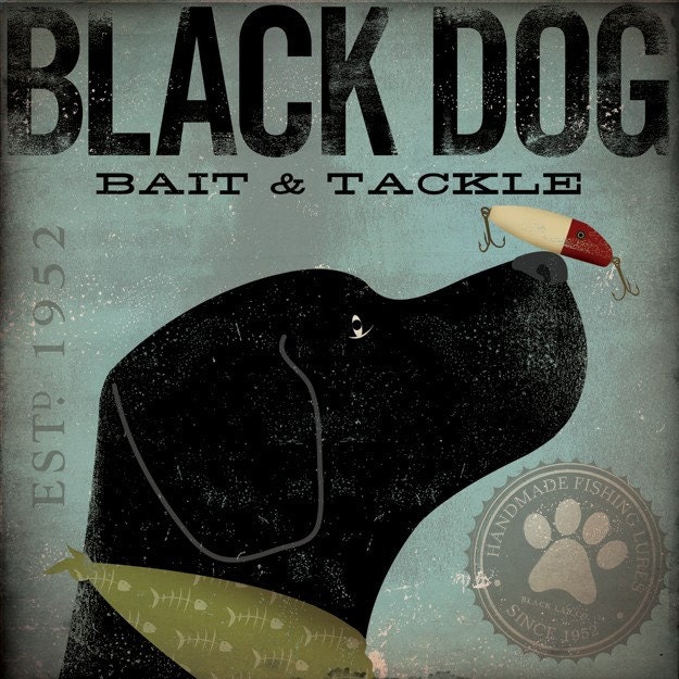 BLACK DOG bait and tackle fishing graphic artwork on canvas 12 x 12 by stephen fowler