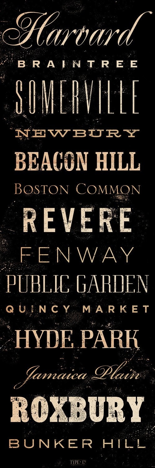 Boston Neighborhoods Canvas typography graphic art 12 x 36 by stephen fowler