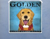 Golden Retriever Cupcake Company original graphic illustration giclee archival signed artist's print 12  x 12