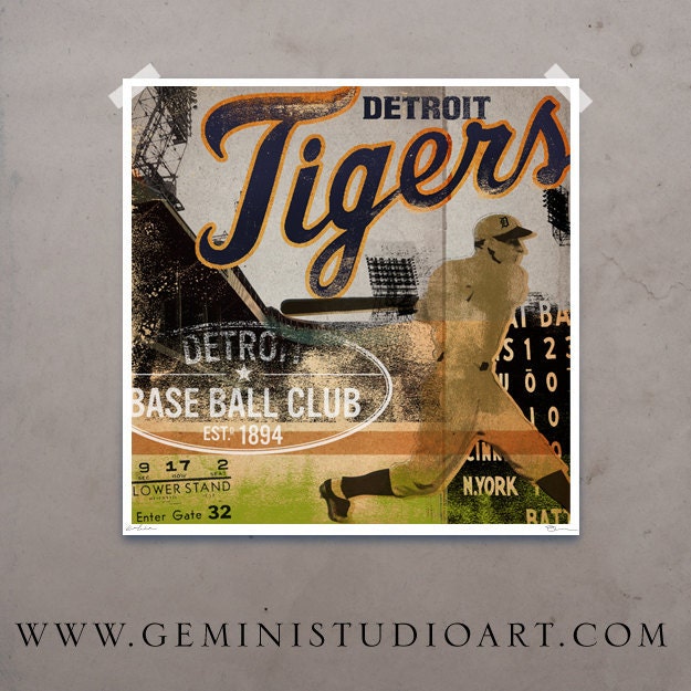 Detroit Tigers baseball illustration graphic artwork giclee archival signed artist's print 12 x 12