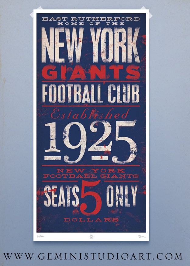 New York Giants Football club typography original graphic art giclee archival print 10 x 20 by Stephen fowler unframed