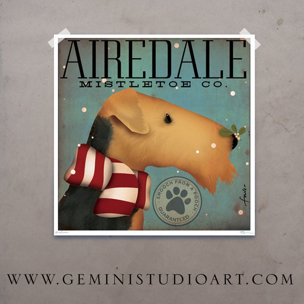 AIREDALE mistletoe company original graphic art illustration giclee archival signed print 12 x 12 by stephen fowler
