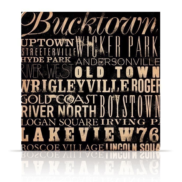 Chicago neighborhoods typography graphic art on canvas 16 x 16 by stephen fowler