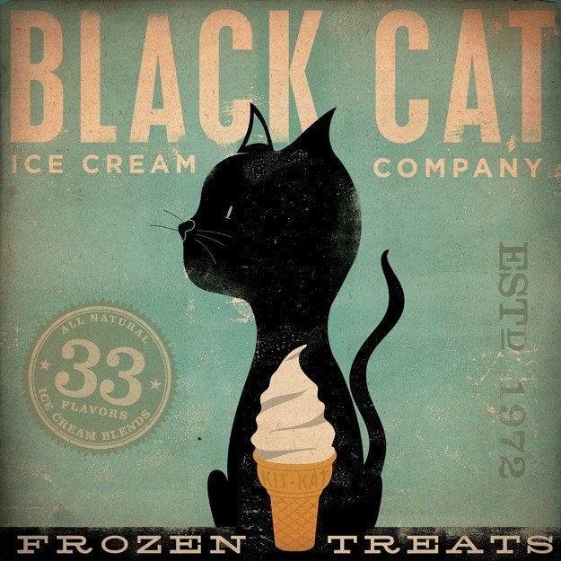Black Cat Ice Cream Company original graphic art giclee archival signed artist's print 12 x 12