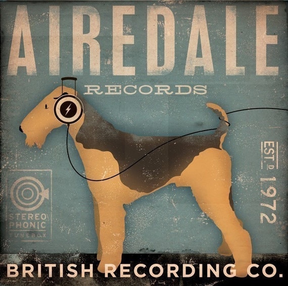 AIREDALE records original graphic art illustration on canvas 12 x 12 x 1.5 by gemini studio