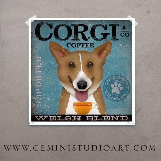 Welsh Corgi Coffee Company original graphic illustration giclee archival signed artist's print 12 x 12
