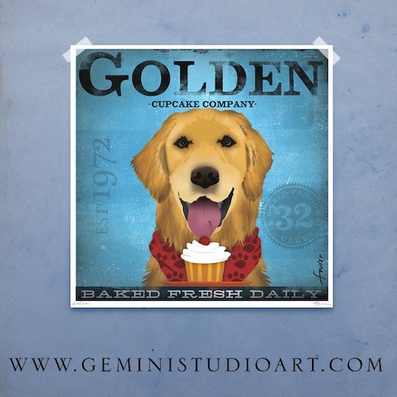 Golden Retriever Cupcake Company original graphic illustration giclee archival signed artist's print 12 x 12