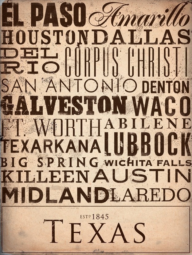 Texas cities typography handmade graphic canvas artwork 18 x 24 by stephen fowler