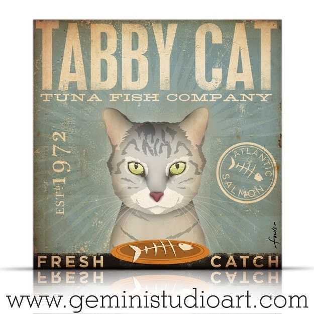 Tabby Cat Tuna Company graphic artwork on canvas 12 x 12 inches by stephen fowler
