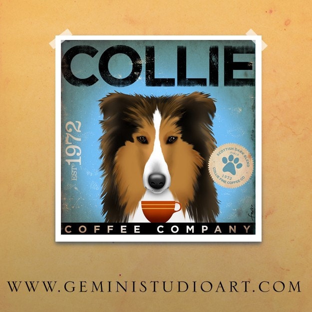 Collie coffee company original graphic illustration giclee archival print 8 x 8 by gemini studio