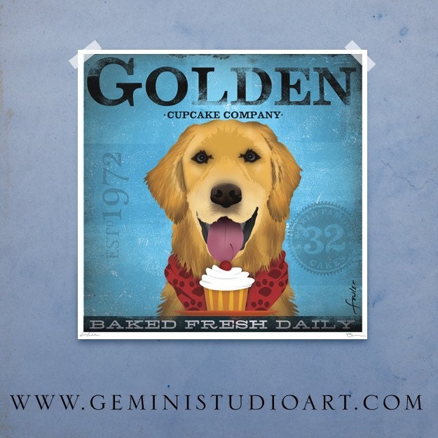 Golden Retriever Cupcake Company original graphic illustration giclee archival signed artist's print 12  x 12