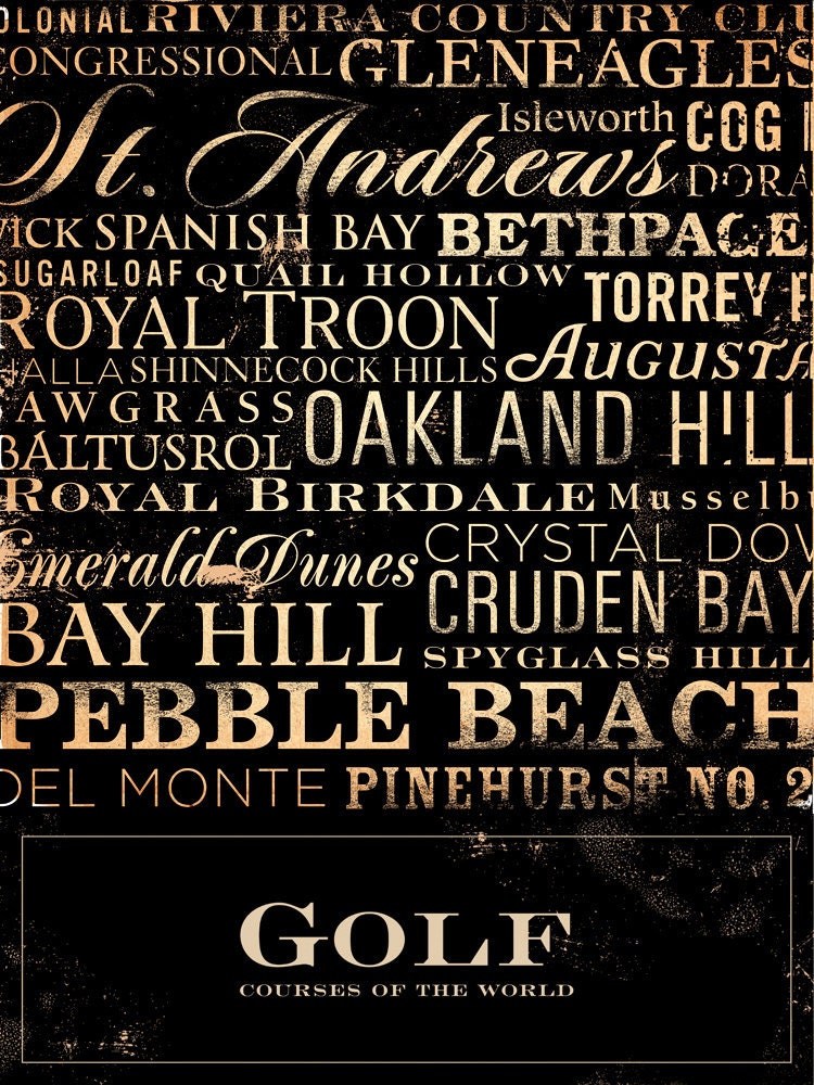 Golf Courses of the World typography illustration graphic art on canvas 18 x 24 by stephen fowler