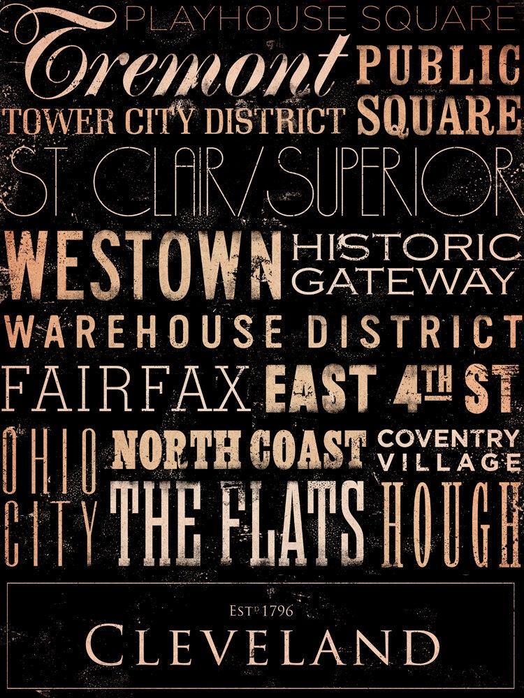 Cleveland Ohio neighborhoods typography graphic art on canvas 12 x 16 by stephen fowler