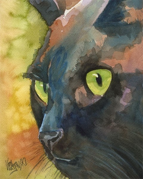 Black Cat Art Print of Original Watercolor Painting  - 11x14 Cat Art - dogartstudio
