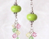Lime Green Lampwork Pastel Floral Crystal Mix Sterling Silver Dangle Earrings