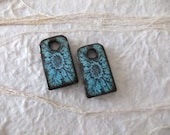 5/8 x 1 inch Custom Color Victorian Scroll Floral Dog Tag Wood ART Tile charm pair Color No. 26 Soft Aqua Blue