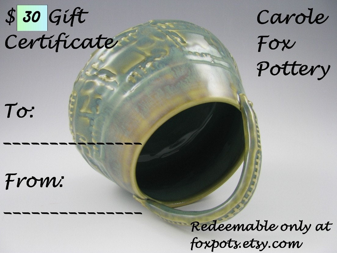Mothers Day Pottery Gift Certificate - Carole Fox Pottery