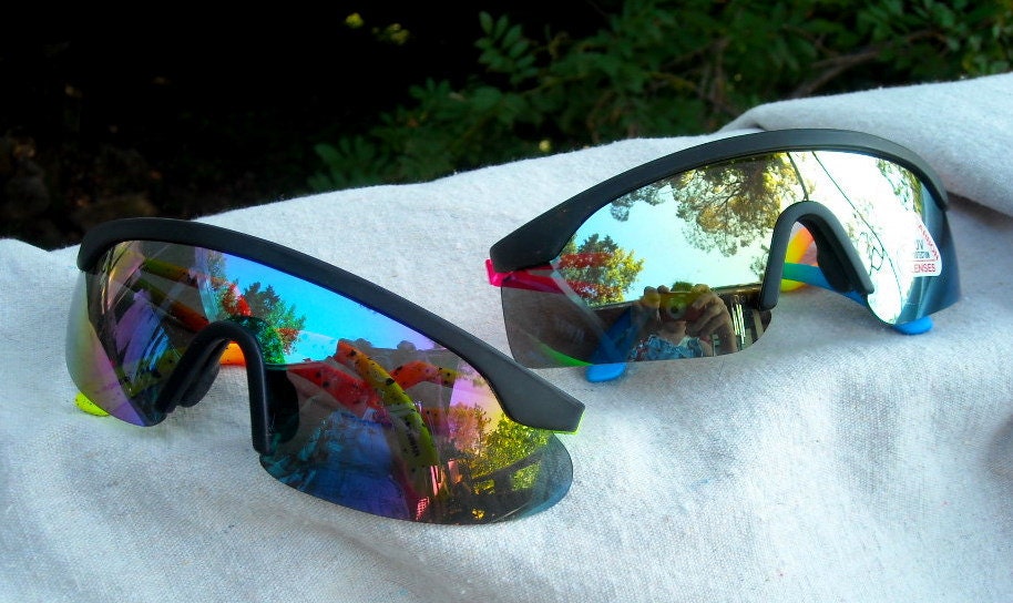 Day Glo Neon Bright NOS Sunglasses 80s New Wave Wraparounds Gas mirrored Lense BOSS Gear Unisex