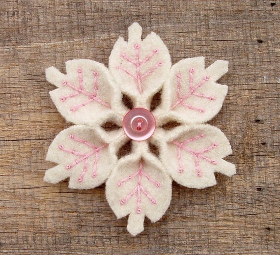 Snowflake Pin Handmade Felt White With Pink Accents