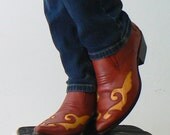 rust red and yellow leather .vintage. (cowboy) ankle boots