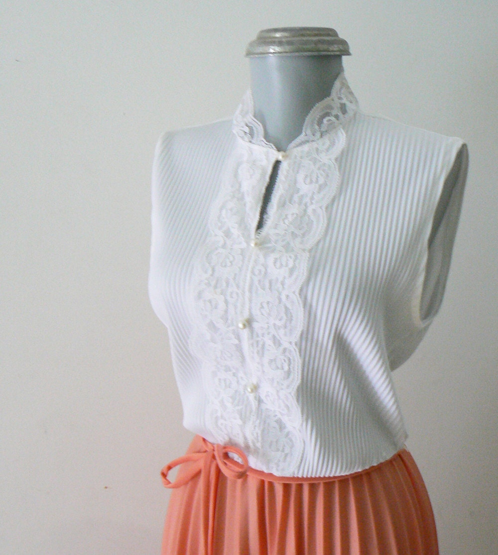 peach and white .vintage. (lace and pleated) dress
