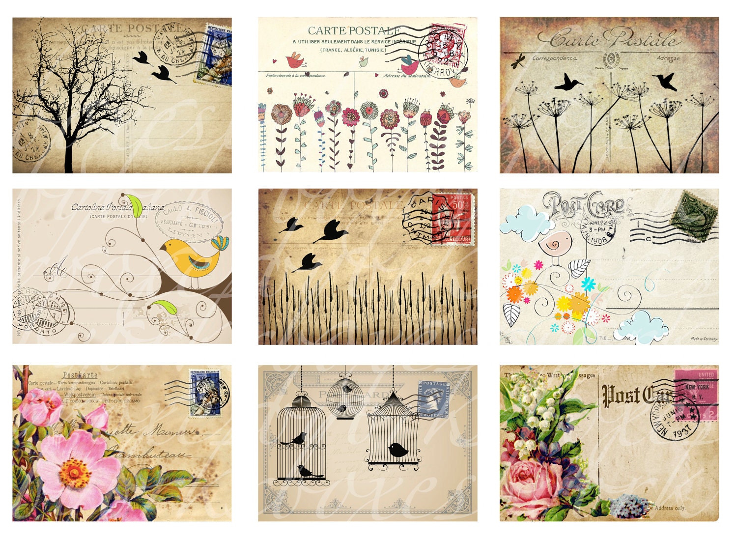 immediate download of nine postcards, 3 x 2.14 inches, printable download for paper crafts -- no. 367