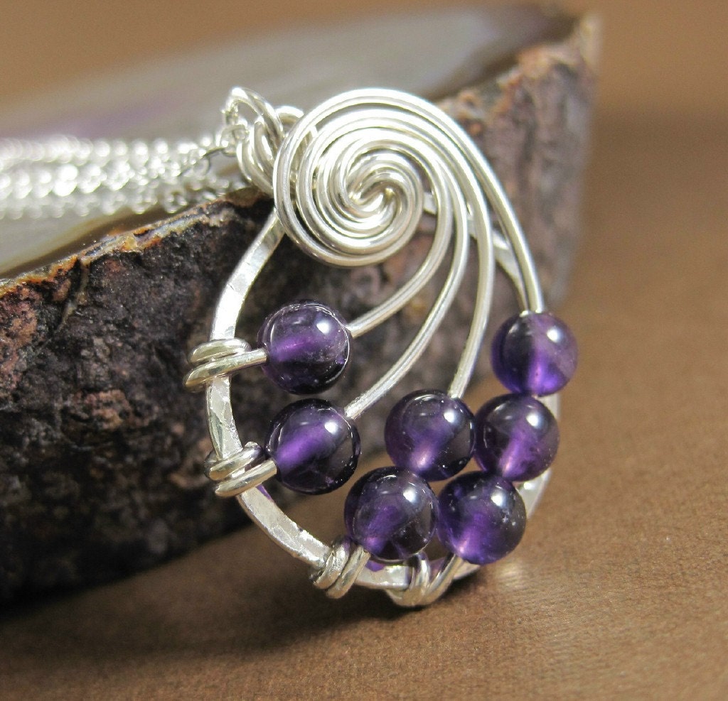 Amethyst Fibonacci Nautilus Necklace Sterling Silver Wire Wrapped Jewelry - holmescraft